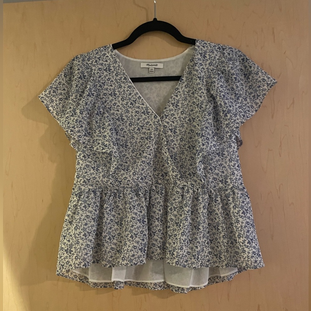 Madewell Floral Short Sleeve Wrap V-Neck Top Blouse